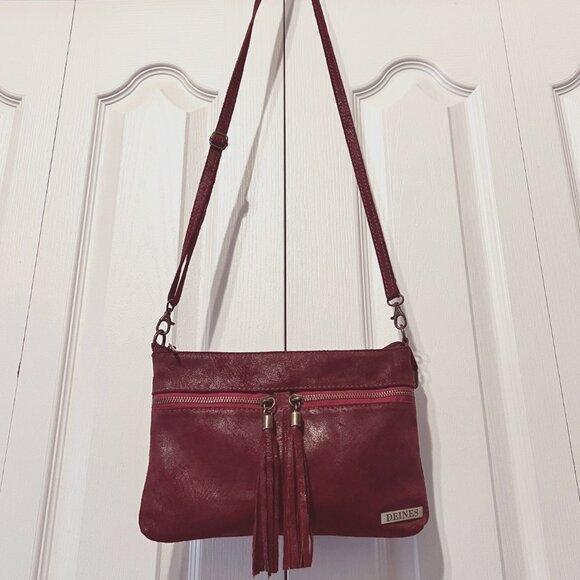 Borse In Pelle-Deines-Soft Calf Leather Crossbody Red Purse-Tassels-Adj Strap - Picture 5 of 15